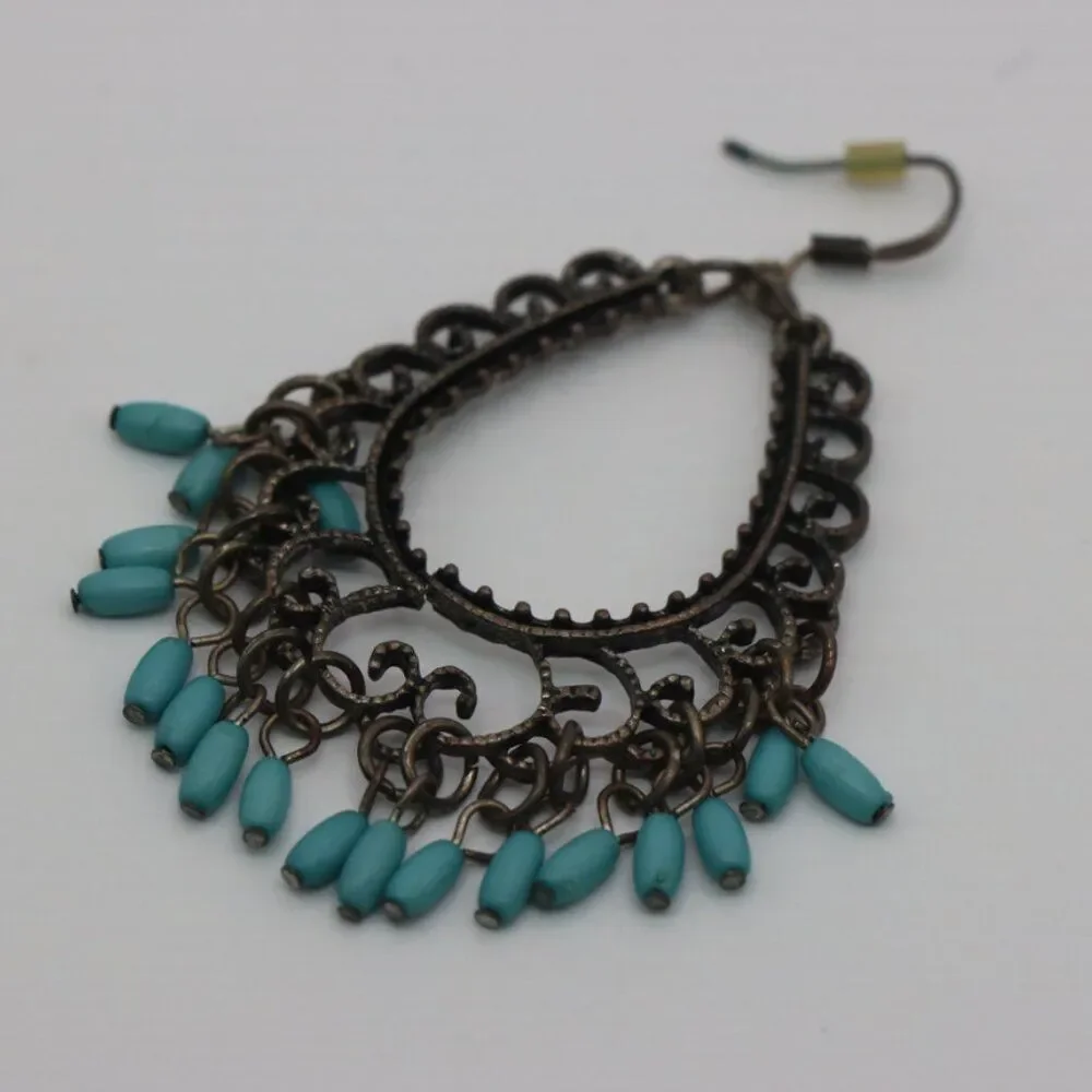 Vintage Blue Bead Dangle Earrings Dark Metal Scroll Design